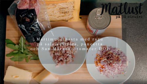 >Martimuccipasta med ragu på salsiccia och San Marzano-tomater